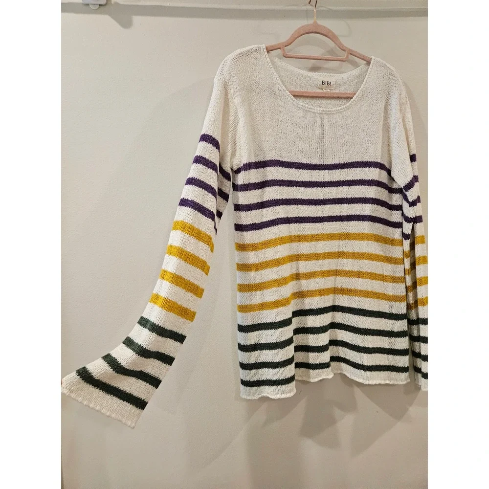BiBi Womens Mardi Gras Striped Knit Sweater Purple Gold Green Lightweight Size L